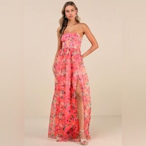 Lulus Wonderful Waltz Coral Floral Print Strapless Bustier Maxi Dress Size Large